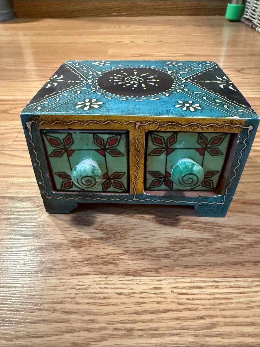 A hand-painted wooden & ceramic mini storage chest or trinket box